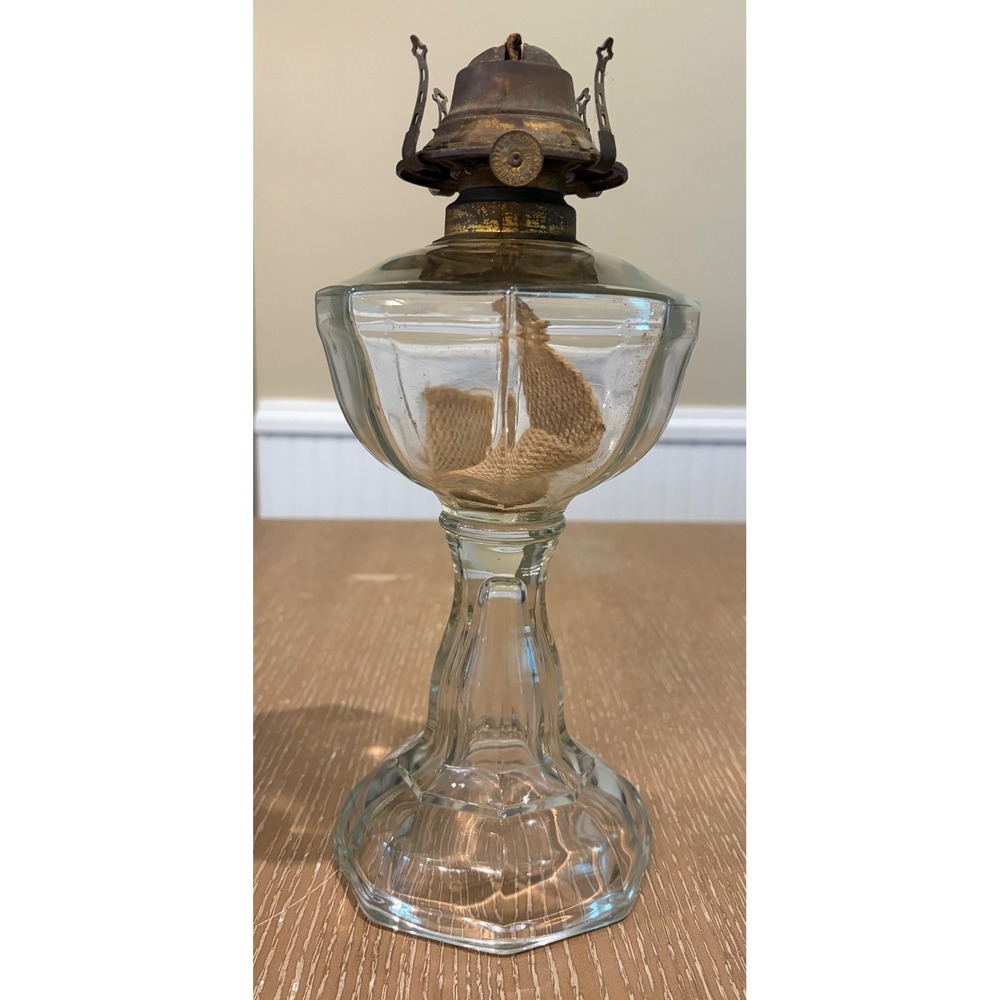 Antique Banner Clear Glass Oil Lamp Footed Pedestal Kerosene Burner 11.5in Tall